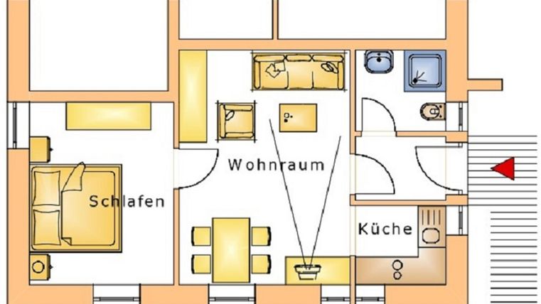 Eine einfache Wohnungsgrundrisszeichnung mit einem Schlafzimmer, einem Wohnraum und einer Küche. Die Räume sind klar angeordnet und beschriftet.